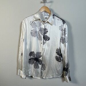 Paolo Santini Silk Blouse Women L Ivory Black Floral Button Down Long Sleeve Top